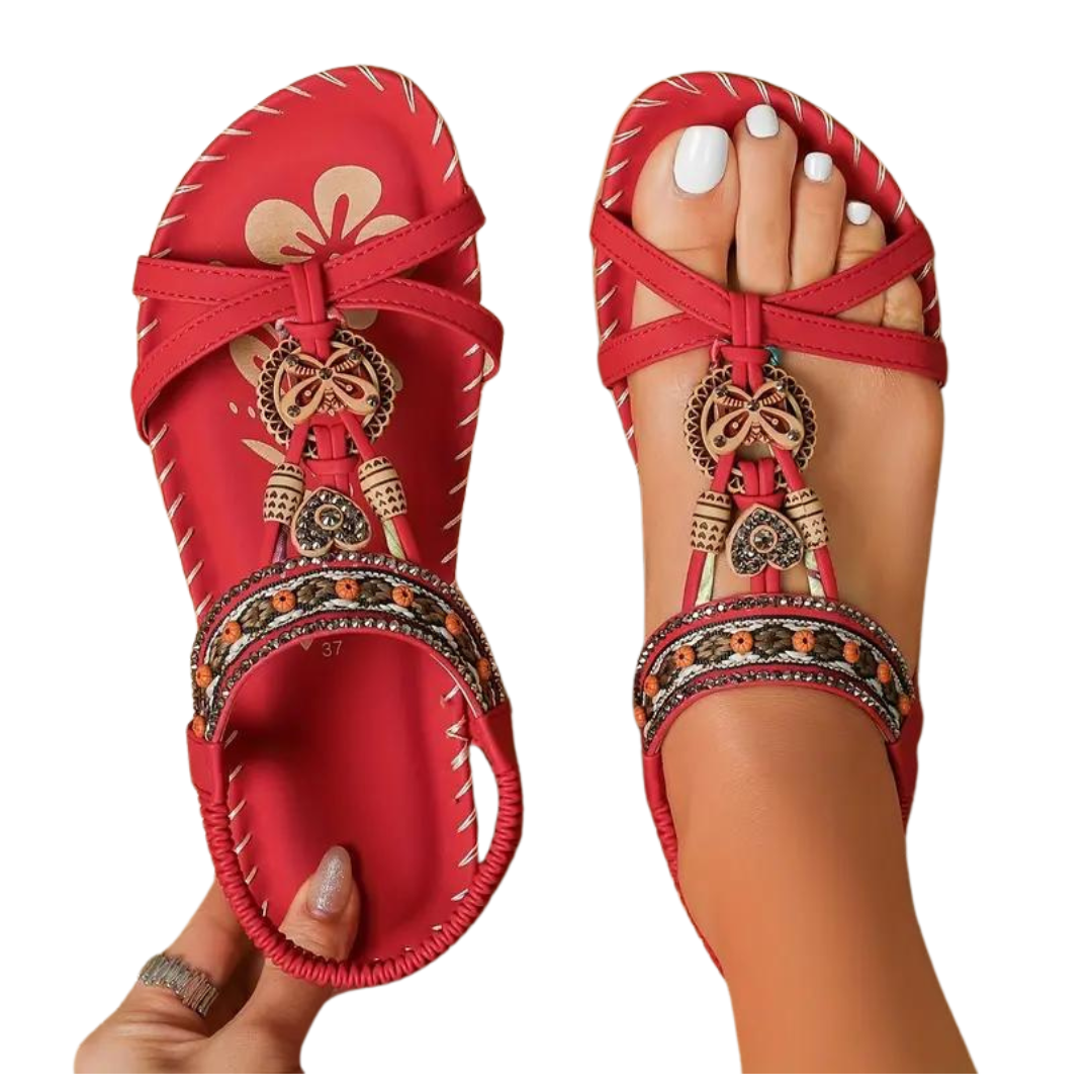 Drune Flache Sandalen - Boho - Strass Schmetterling