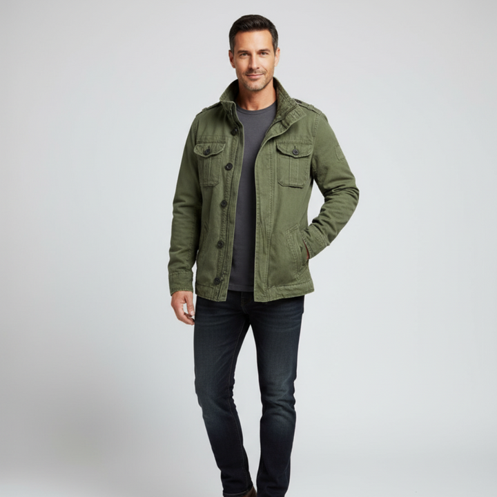 Drune | Jeansjacke Reguläre Passform Knopfverschluss Hoher Kragen Mehrere Taschen Schulterklappen