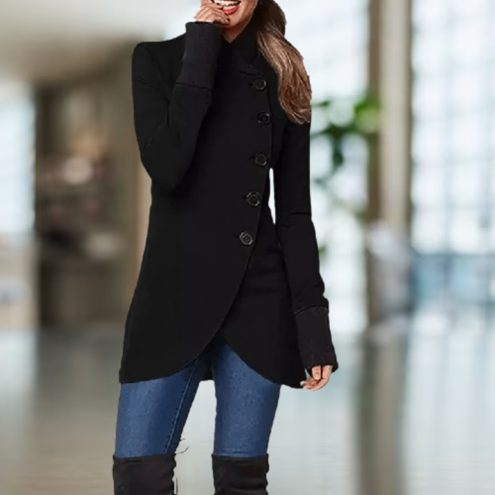 Drune | Mantel für Damen - Asymmetrischer Schnitt - Knopfverschluss - Hoher Kragen - Eleganter Slim Fit