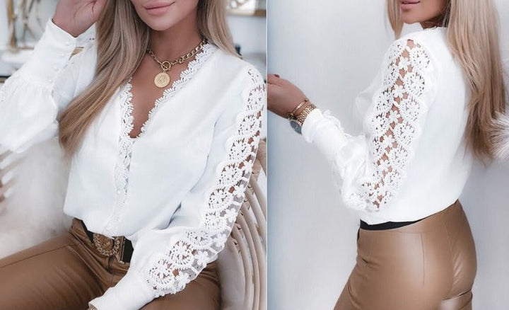 Drune | Elegante Top Mit Spitzenärmel Und V-Ausschnitt
