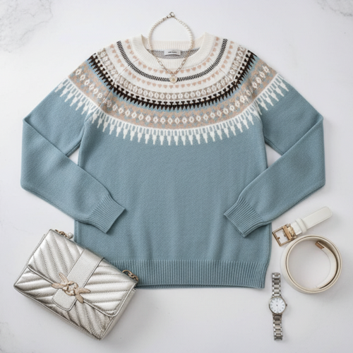 Drune | Strickpullover - Fair Isle-Muster - Rundhalsausschnitt - Lange Ärmel - Rippdetails
