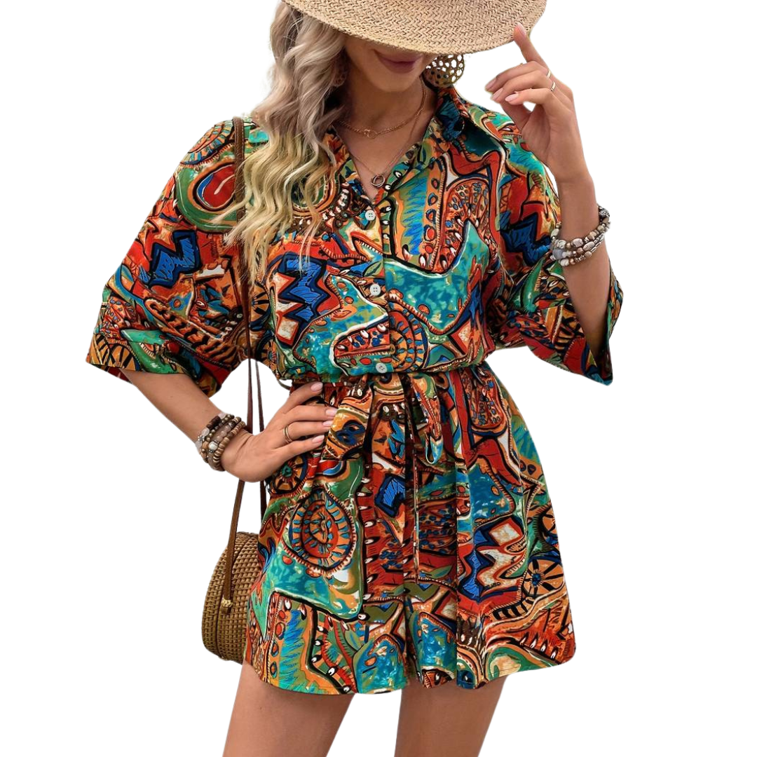 Drune Jumpsuit -  Weinlese - Kurze Ärmel mit Gürtel