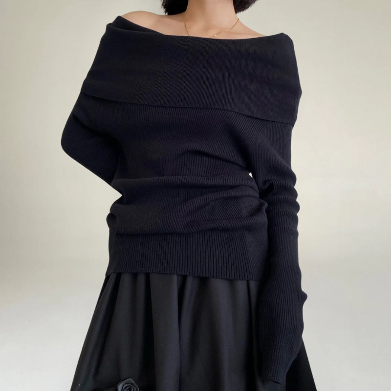 Drune | Off-Shoulder Strickpullover - Gerippter Strick - Enganliegendes und Elegantes Design
