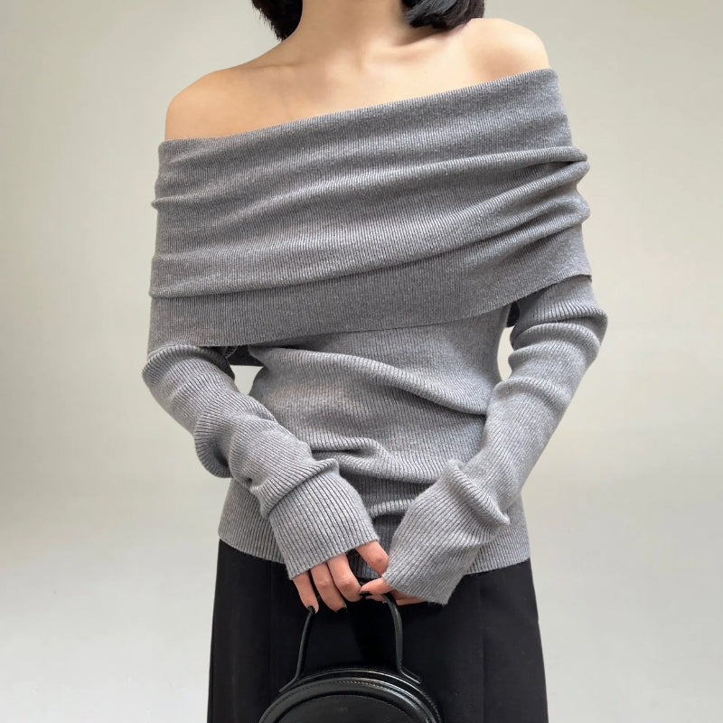 Drune | Off-Shoulder Strickpullover - Gerippter Strick - Enganliegendes und Elegantes Design