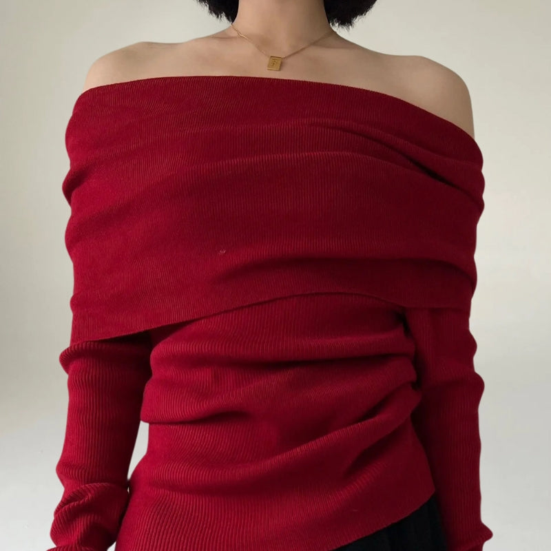 Drune | Off-Shoulder Strickpullover - Gerippter Strick - Enganliegendes und Elegantes Design