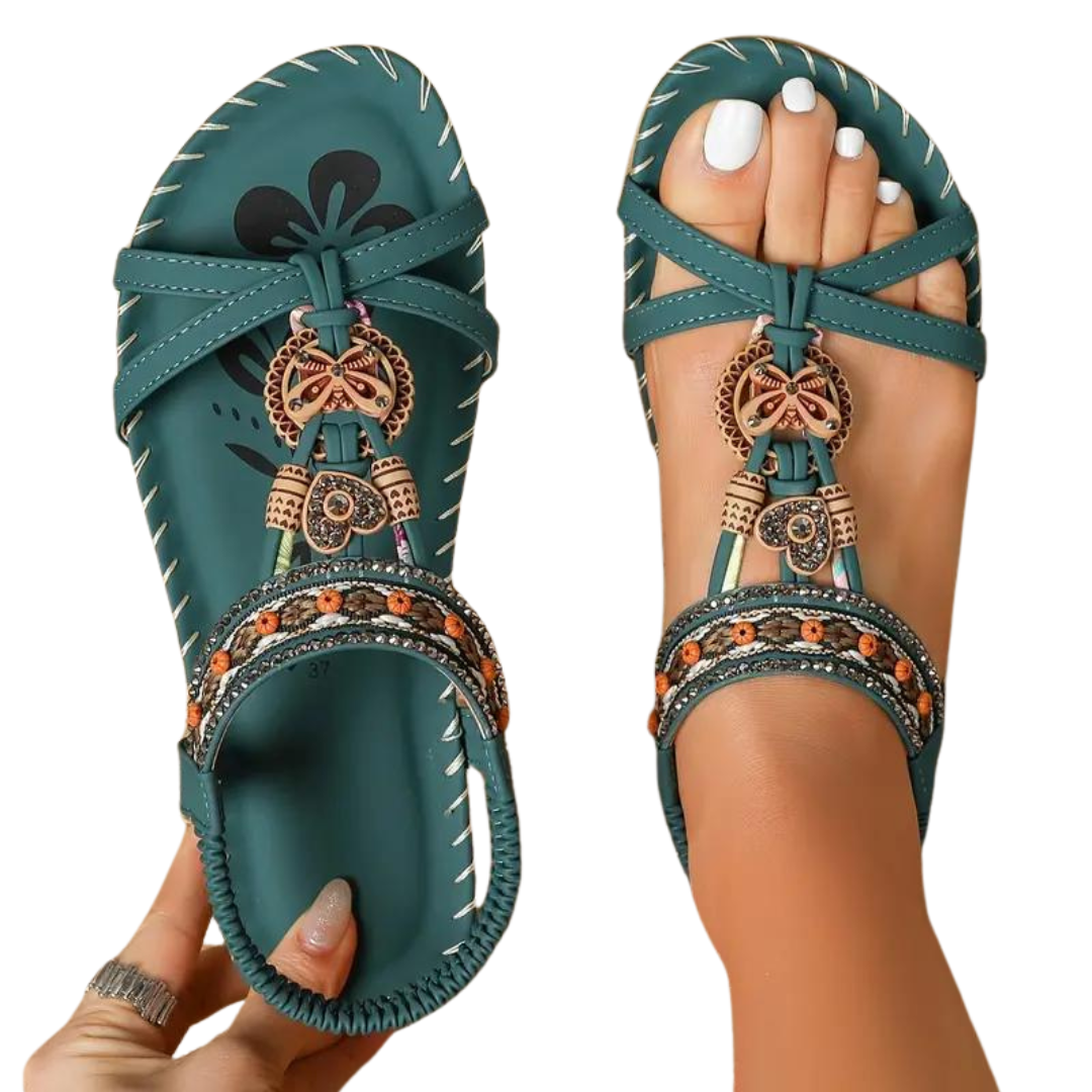 Drune Flache Sandalen - Boho - Strass Schmetterling