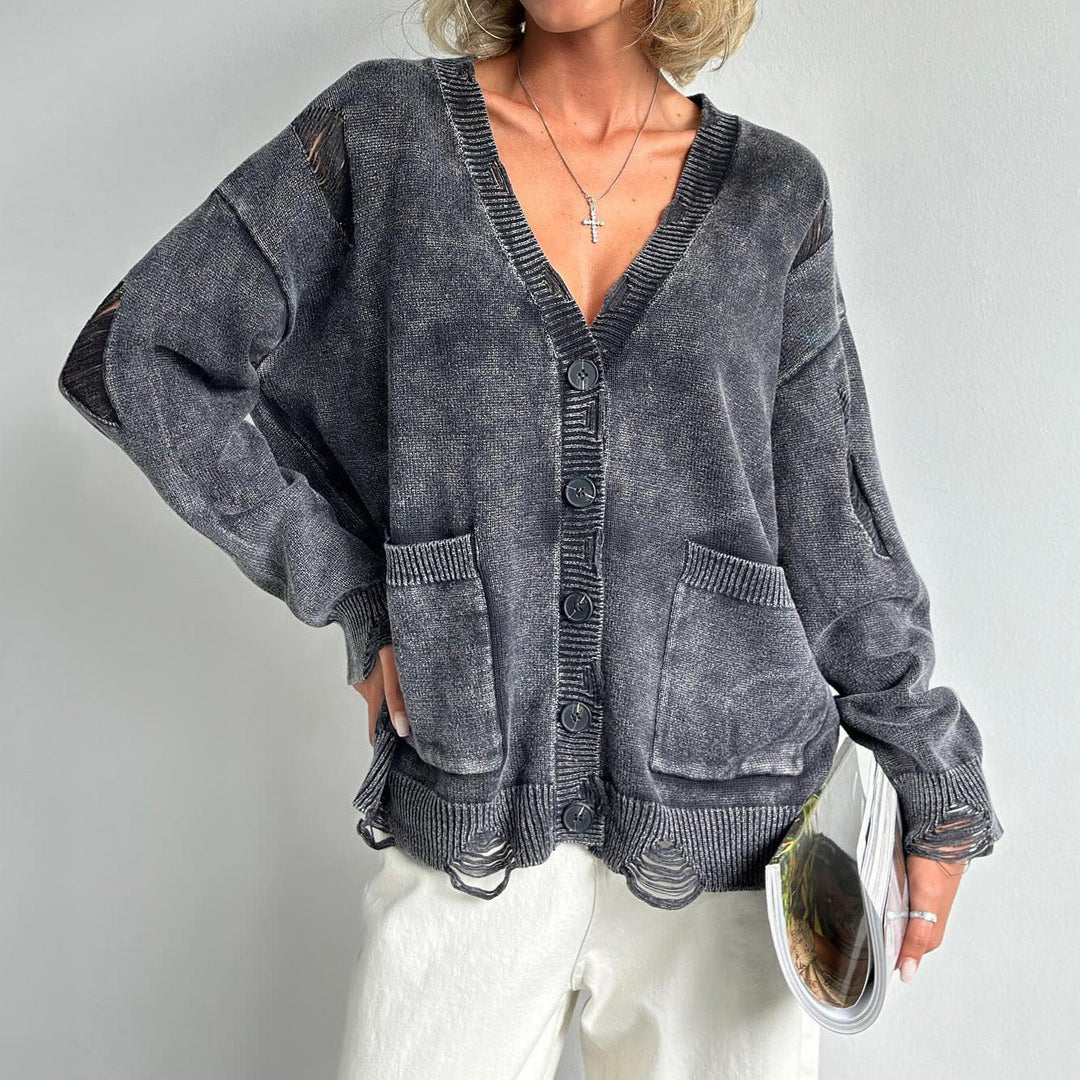 Drune | Damen Baumwollmix Pullover mit V-Ausschnitt und aufgesetzten Taschen