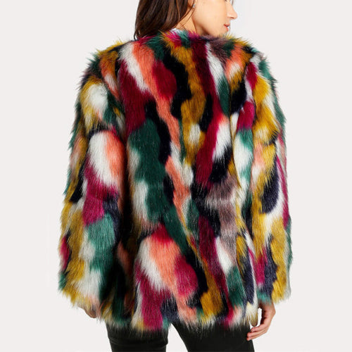 Drune | Damen Kunstfellmantel – Übergröße – Mittellang – Patchwork Flauschige Textur