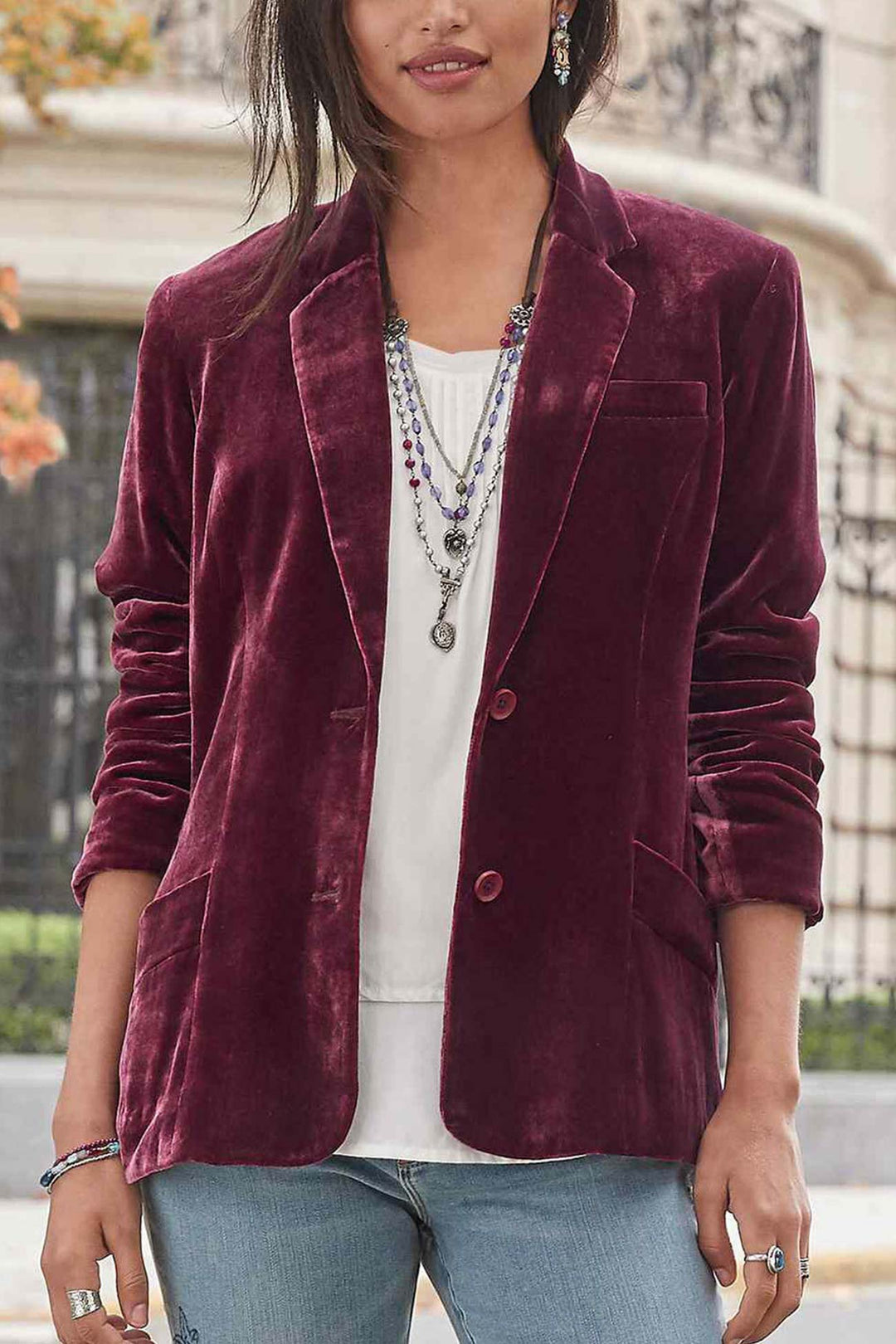 Drune | geschnittener Crop - Blazer aus Samt - Rubinrot