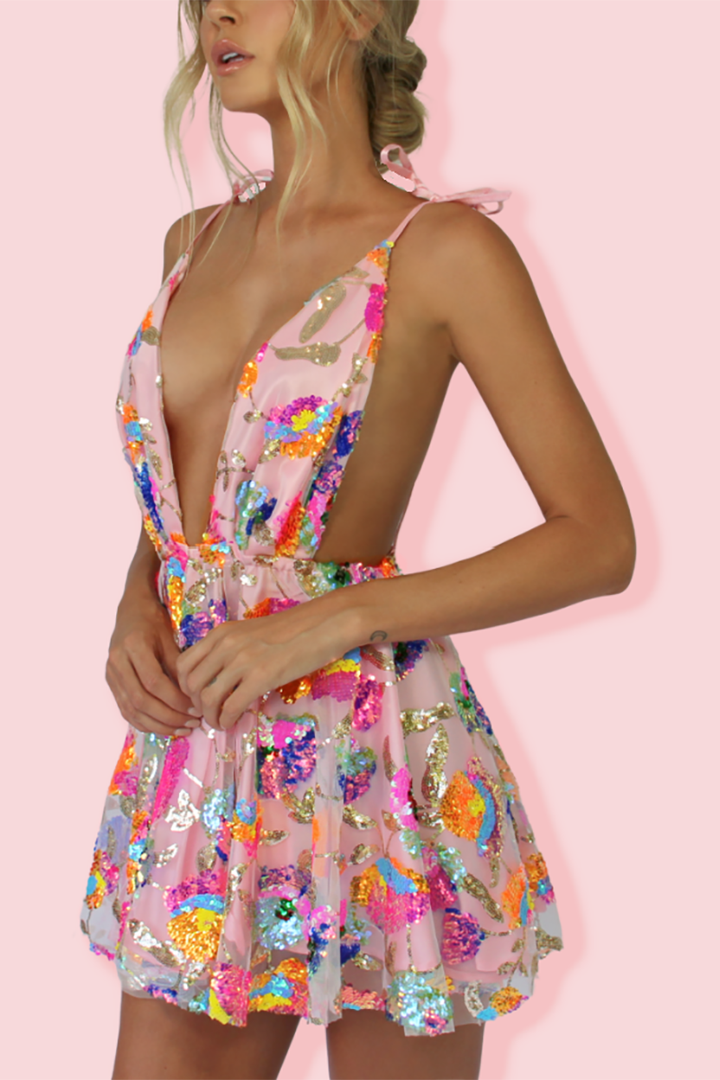 Drune | Regenbogen Pailletten Offene Rücken Slip Mini Kleid