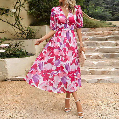 Drune Floral Kleid | Modernes elegantes Maxikleid mit V-Ausschnitt und Blumen