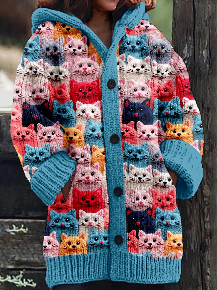 Drune | Warmer Damen Strickjacke mit Langem Gestricktem Katzenmuster