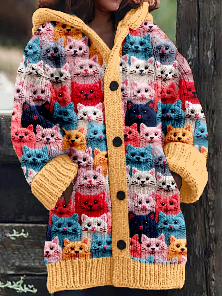 Drune | Warmer Damen Strickjacke mit Langem Gestricktem Katzenmuster