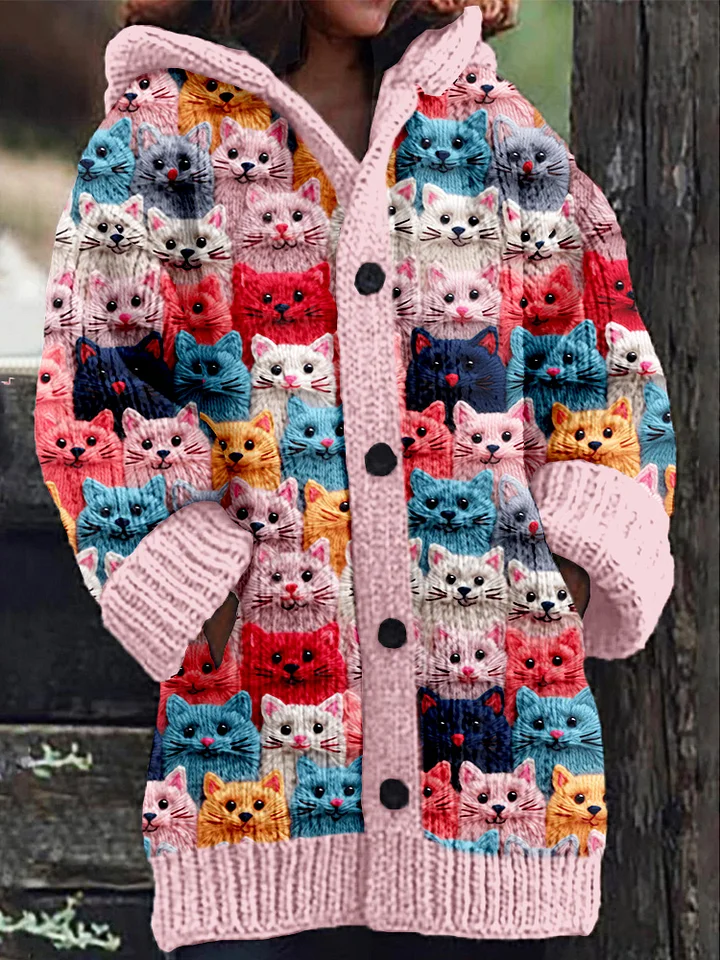Drune | Warmer Damen Strickjacke mit Langem Gestricktem Katzenmuster