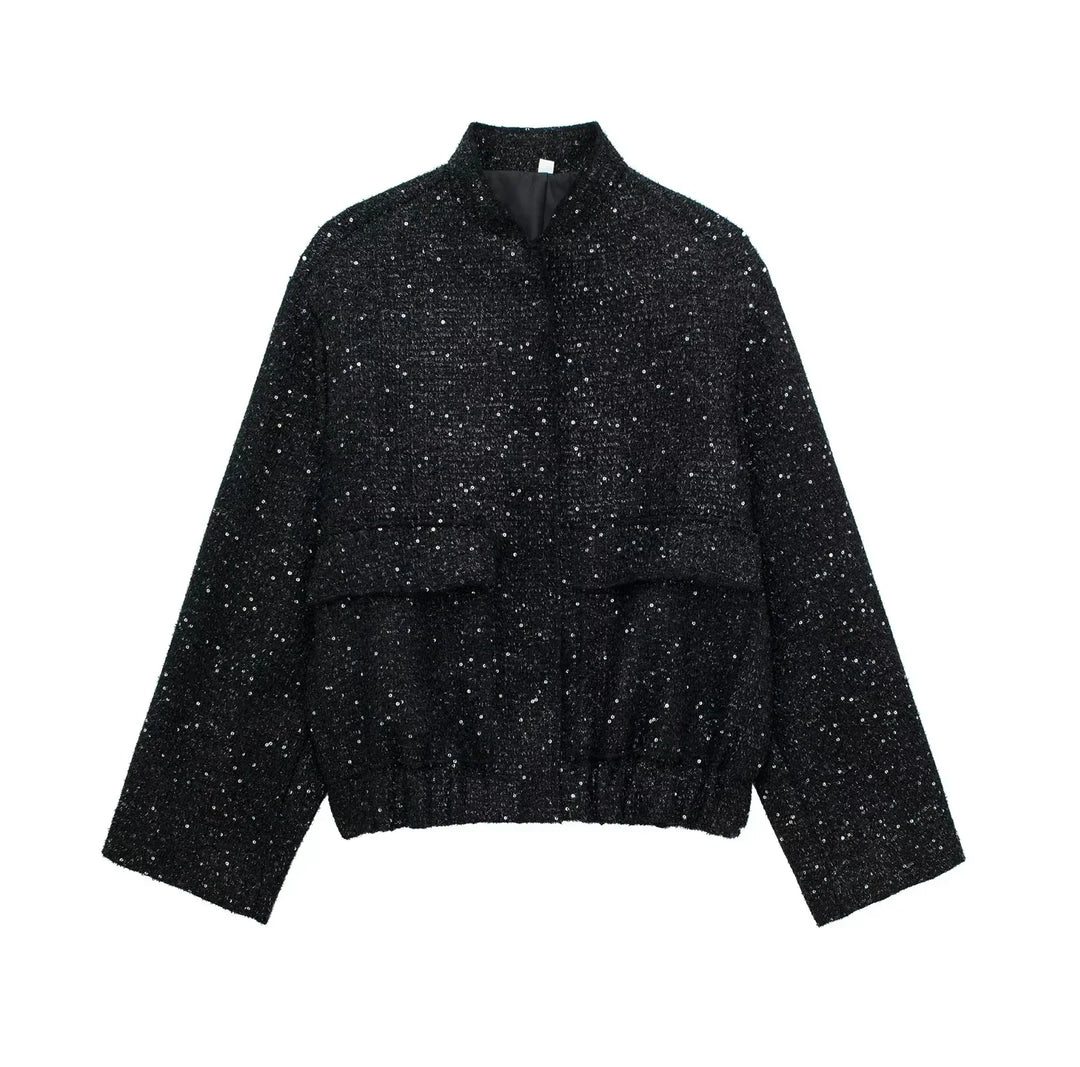 Drune | Pailletten Statement Jacke Offene Front Glitzer Blazer