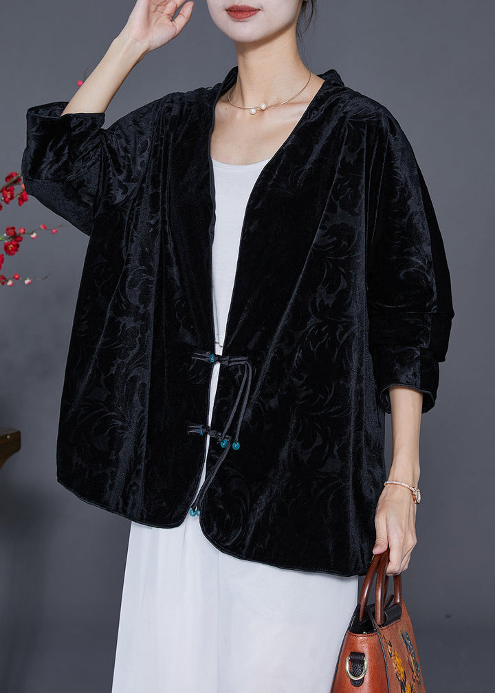 Drune | Schwarze Jacquard-Chinesische Knopf-Seidenveloursjacken
