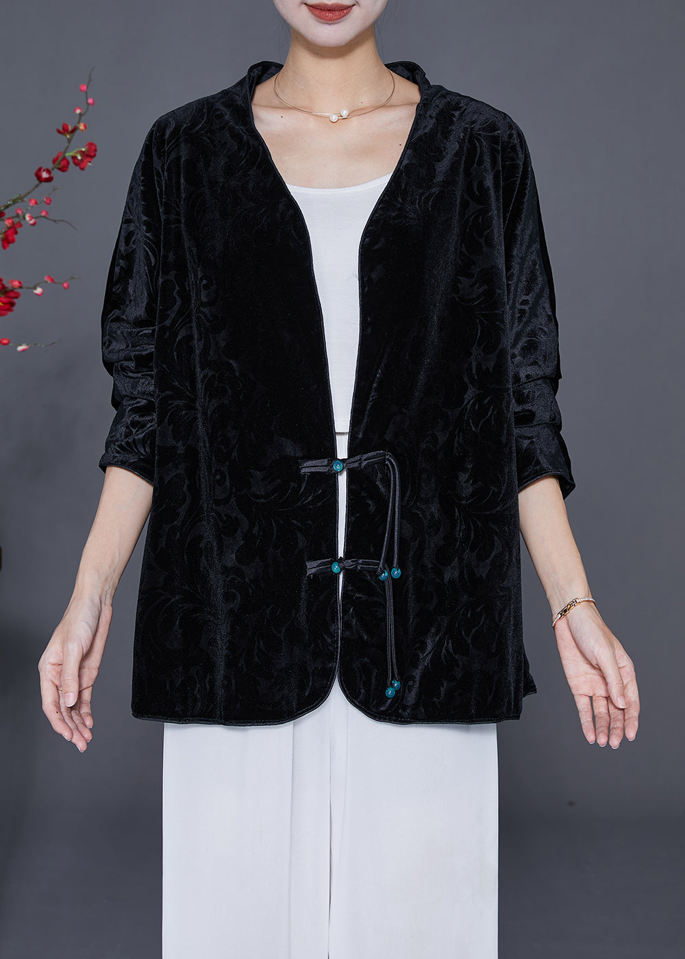 Drune | Schwarze Jacquard-Chinesische Knopf-Seidenveloursjacken