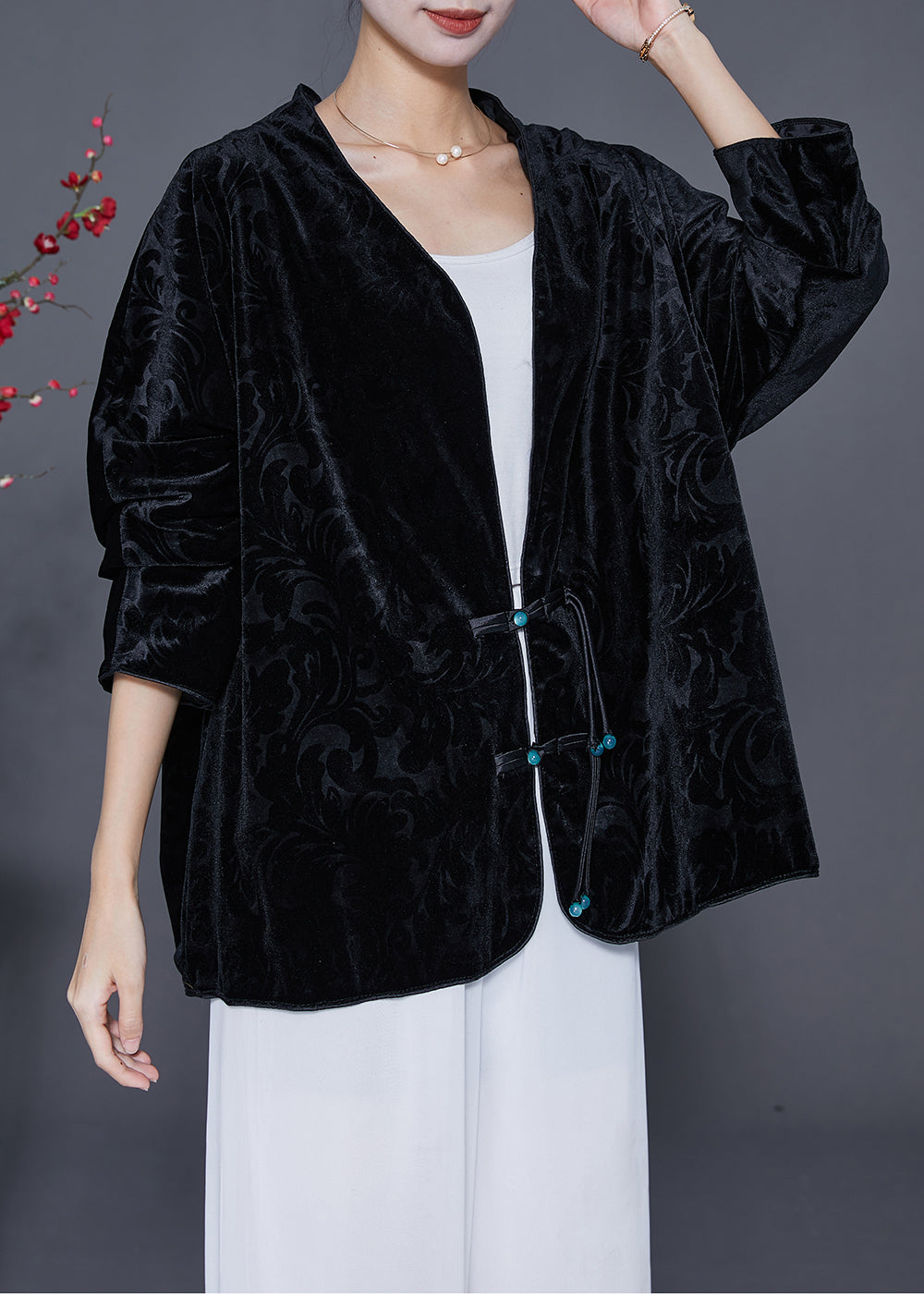 Drune | Schwarze Jacquard-Chinesische Knopf-Seidenveloursjacken