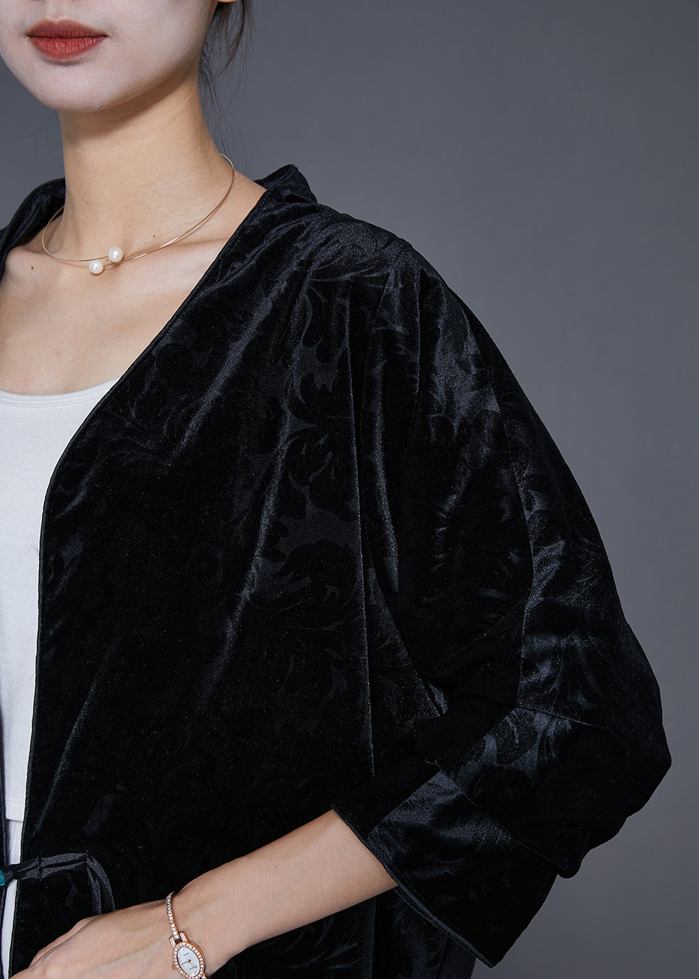 Drune | Schwarze Jacquard-Chinesische Knopf-Seidenveloursjacken