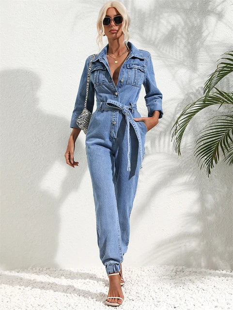 Drune | Lässiger Denim-Jumpsuit mit Gürtel und Langen Ärmeln für Damen
