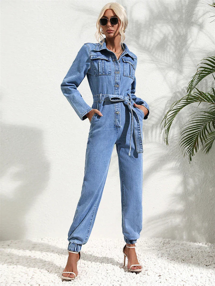 Drune | Lässiger Denim-Jumpsuit mit Gürtel und Langen Ärmeln für Damen