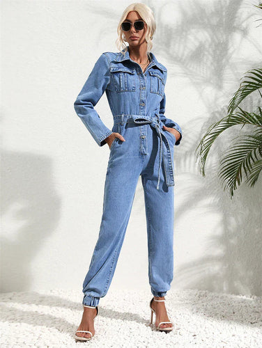 Drune | Lässiger Denim-Jumpsuit mit Gürtel und Langen Ärmeln für Damen