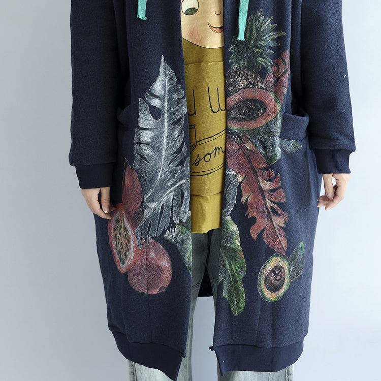 Drune | blaue Drucke Baumwollcardigans Übergröße V-Ausschnitt Langarm-Trenchcoats