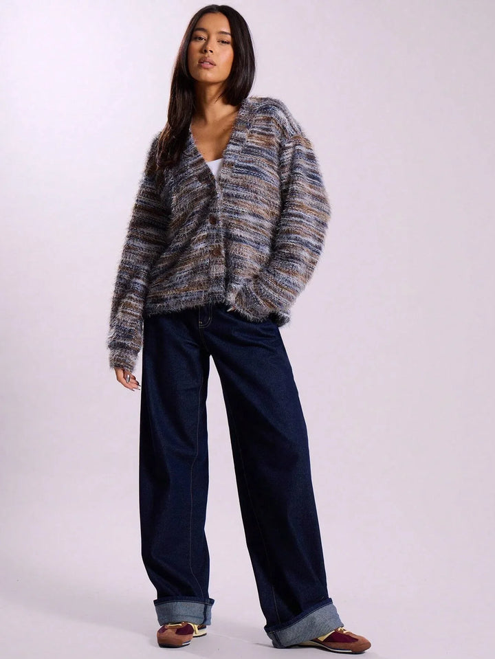 Drune | Damen Multicolor Gebrachte Strickjacke mit Knopfverschluss und Langen Ärmeln