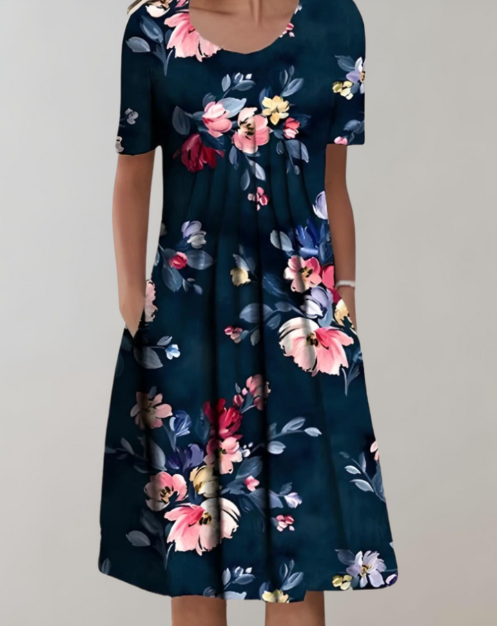 Drune | Kurze Ärmel, Lockeres Midikleid mit Blumenmuster und Taschen