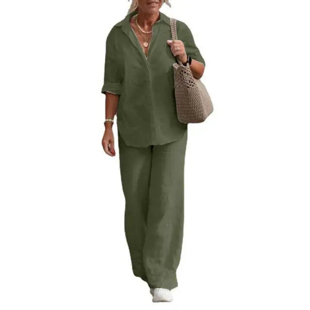 SommerSilhouette Duo™ – Damen Leinen Zweiteiler Set mit Bluse & Hose, Luftig, Elegant & Bequem für Sommer
