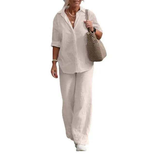 SommerSilhouette Duo™ – Damen Leinen Zweiteiler Set mit Bluse & Hose, Luftig, Elegant & Bequem für Sommer