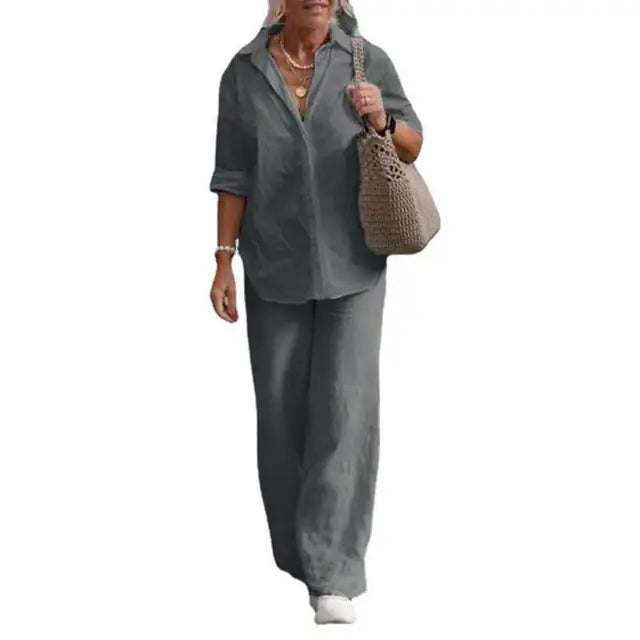 SommerSilhouette Duo™ – Damen Leinen Zweiteiler Set mit Bluse & Hose, Luftig, Elegant & Bequem für Sommer