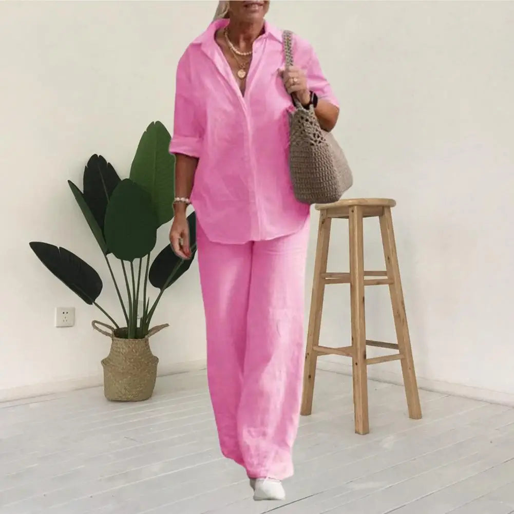 SommerSilhouette Duo™ – Damen Leinen Zweiteiler Set mit Bluse & Hose, Luftig, Elegant & Bequem für Sommer