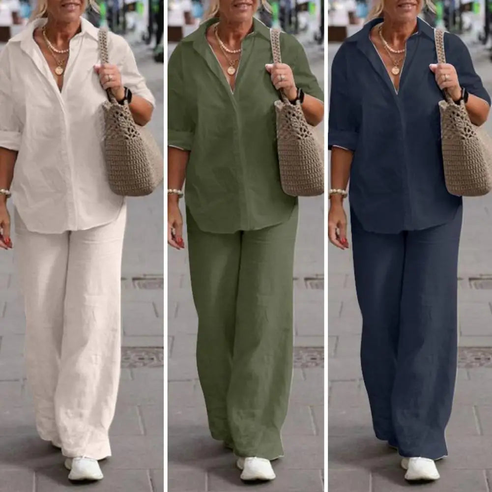 SommerSilhouette Duo™ – Damen Leinen Zweiteiler Set mit Bluse & Hose, Luftig, Elegant & Bequem für Sommer