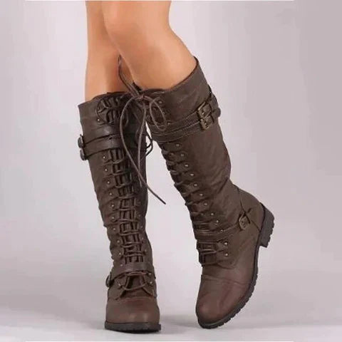 Drune | Steampunk Knielange Stiefel Schnürung, Schnallendetail, Pu Leder für Herbst und Winter
