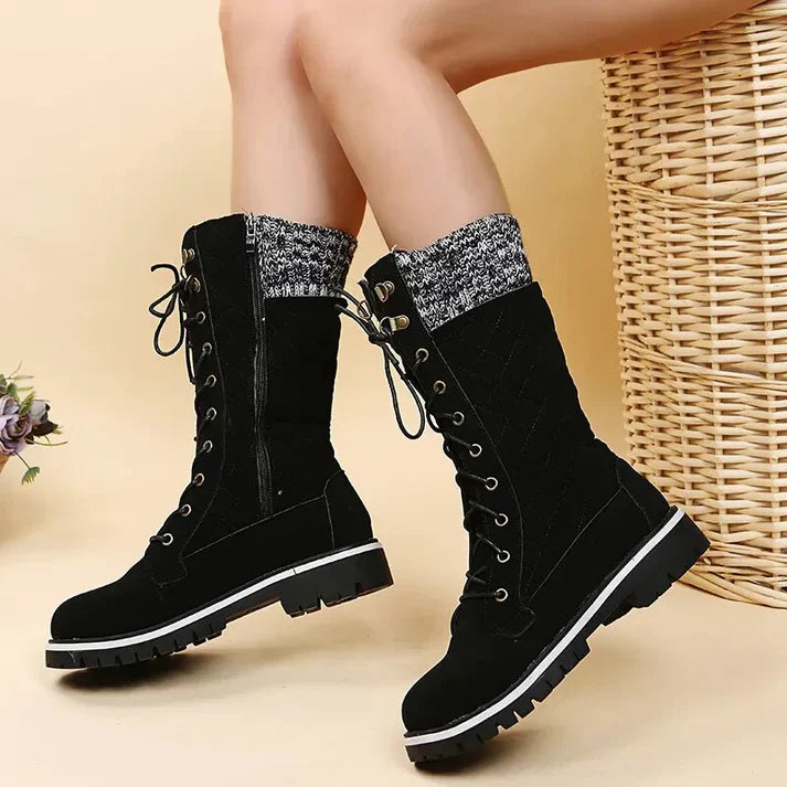 Drune |  Damen-Winterstiefel mit Schnürung & Reißverschluss - Warme Stiefeletten mit Strickbund & Profilsohle