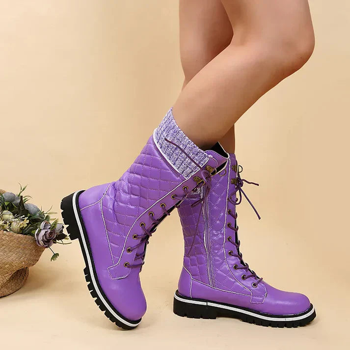 Drune |  Damen-Winterstiefel mit Schnürung & Reißverschluss - Warme Stiefeletten mit Strickbund & Profilsohle