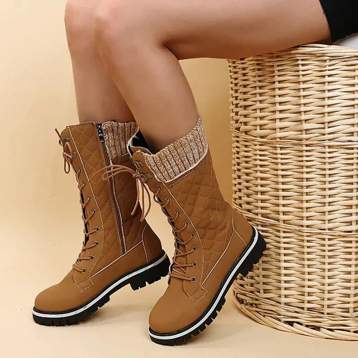 Drune |  Damen-Winterstiefel mit Schnürung & Reißverschluss - Warme Stiefeletten mit Strickbund & Profilsohle