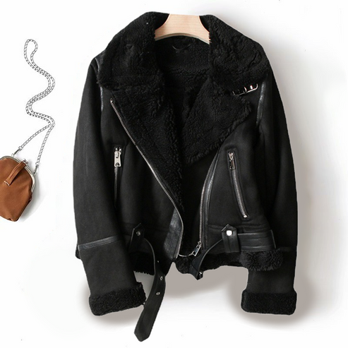 Drune | Faux Schaffell Bikerjacke Reißverschlussdetail mit Gürtelabschluss