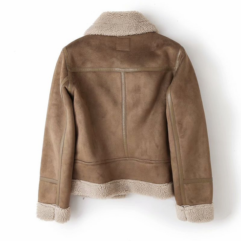 Drune | Faux Schaffell Bikerjacke Reißverschlussdetail mit Gürtelabschluss