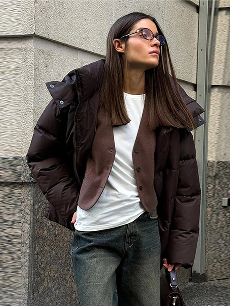 Drune | Lange Damen Winterjacke aus Baumwolle mit Kapuze und Stehkragen