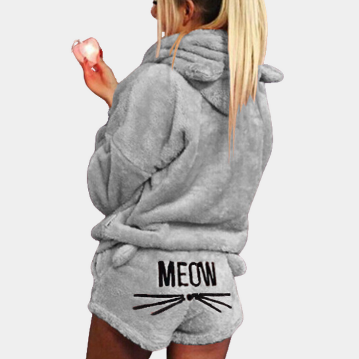 Drune | Damen Pyjama-Set mit Kapuze & „Meow“-Print - Flauschiger Zweiteiler für Herbst & Winter