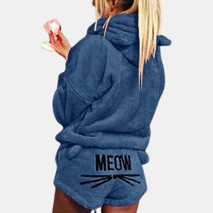 Drune | Damen Pyjama-Set mit Kapuze & „Meow“-Print - Flauschiger Zweiteiler für Herbst & Winter