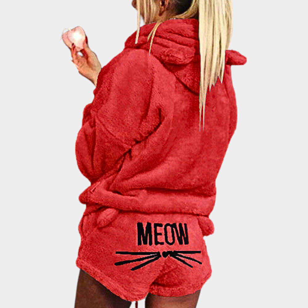 Drune | Damen Pyjama-Set mit Kapuze & „Meow“-Print - Flauschiger Zweiteiler für Herbst & Winter