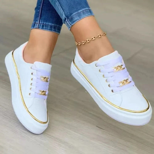 Drune - Weiße Low-Top-Casual-Sneakers mit goldenen Details | Stylische weiße Schnürsneaker mit Goldbesatz