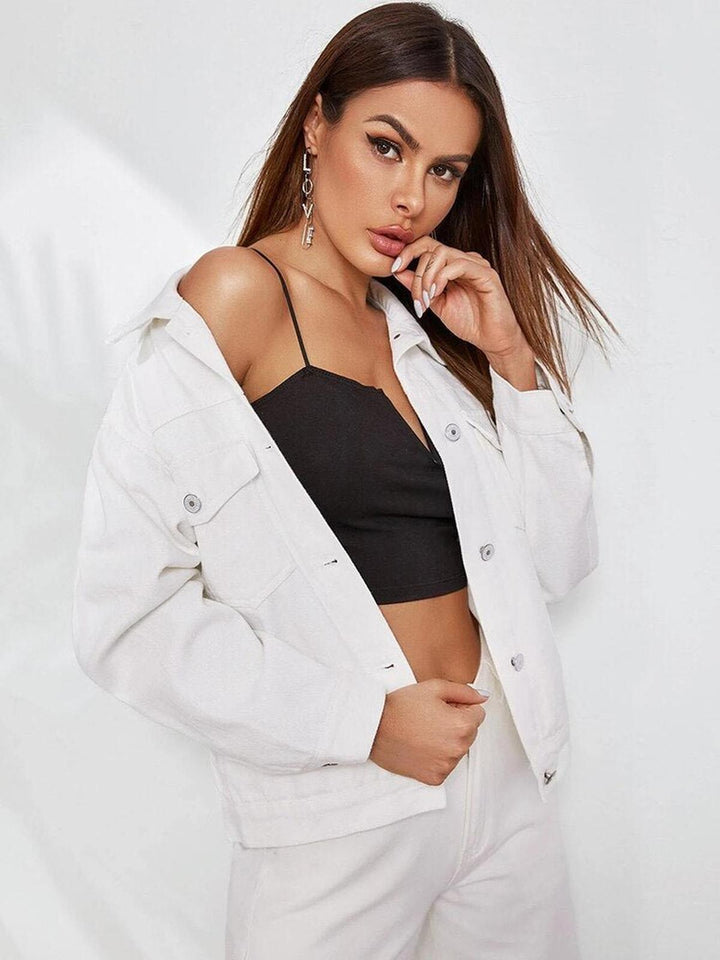 Drune | Weiße Damen Frühlingsjacke mit Knopfverschluss und Taschen