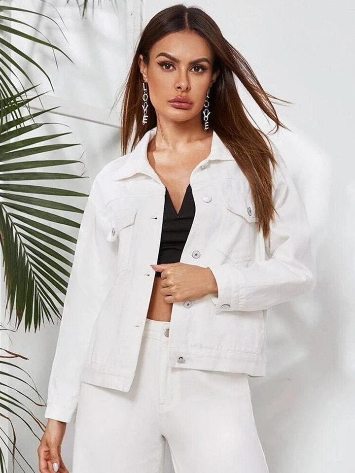 Drune | Weiße Damen Frühlingsjacke mit Knopfverschluss und Taschen