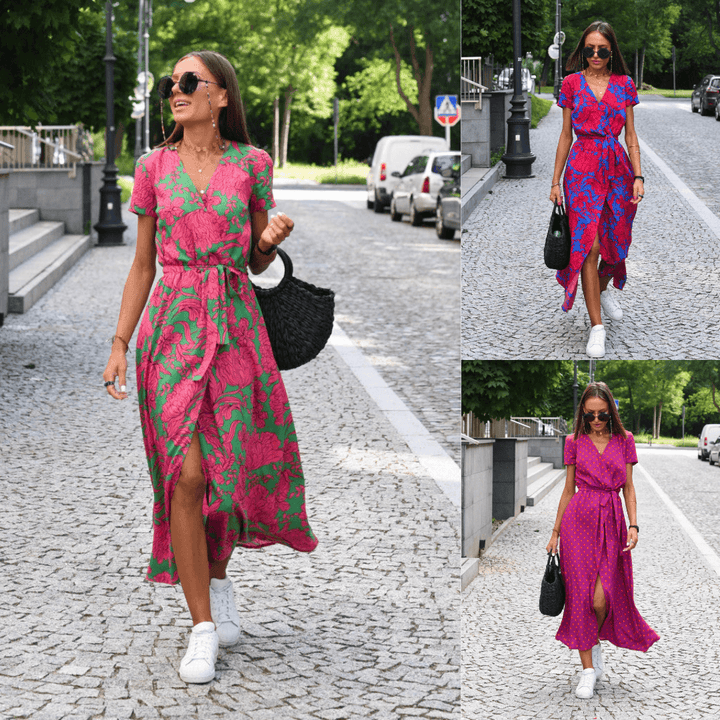Drune | Kurzarm V-Ausschnitt Sommerkleid Maxikleid