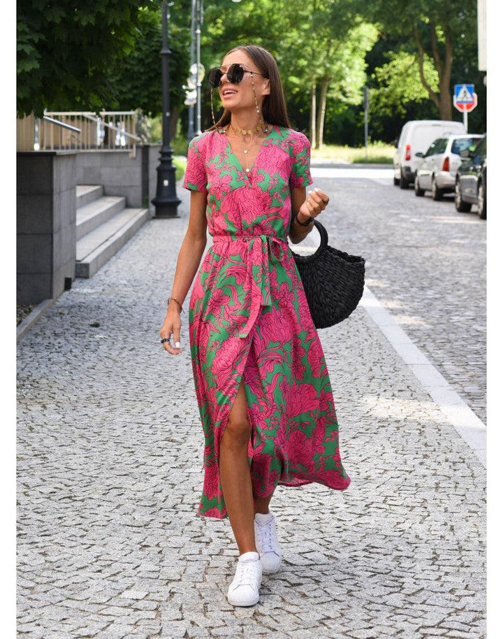 Drune | Kurzarm V-Ausschnitt Sommerkleid Maxikleid