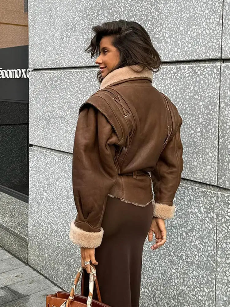 Drune | Lederjacke Braun Gürtel Futter Aus Pelz Lederjacke Damen Lederjacke